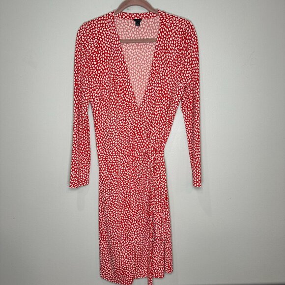 Ann Taylor Heart Jersey Wrap Dress Size 12 Red White Stretch Travel Work - Picture 2 of 8